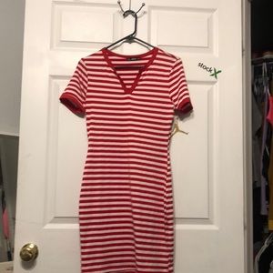Stripped red and white short sleeve knee Length dress with v neck cut